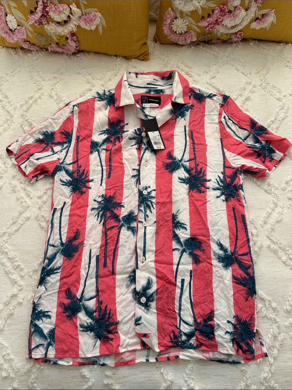 Original Use Salmon & White Striped Palm Print Short Sleeve Hawaiian Shirt